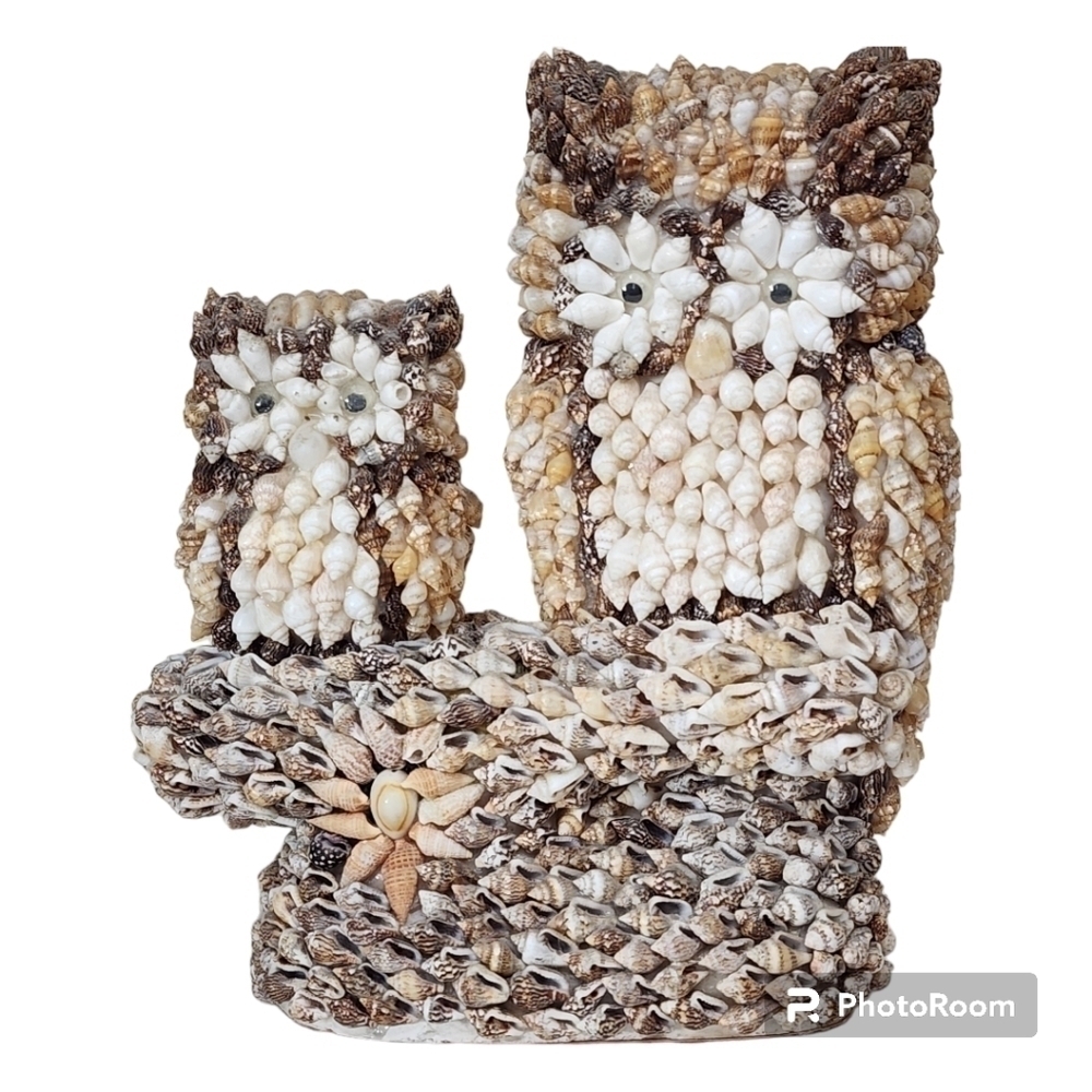 Vintage Seashell Two Owls Figurine Phillipines Decor Mom And Baby Googly Eyes